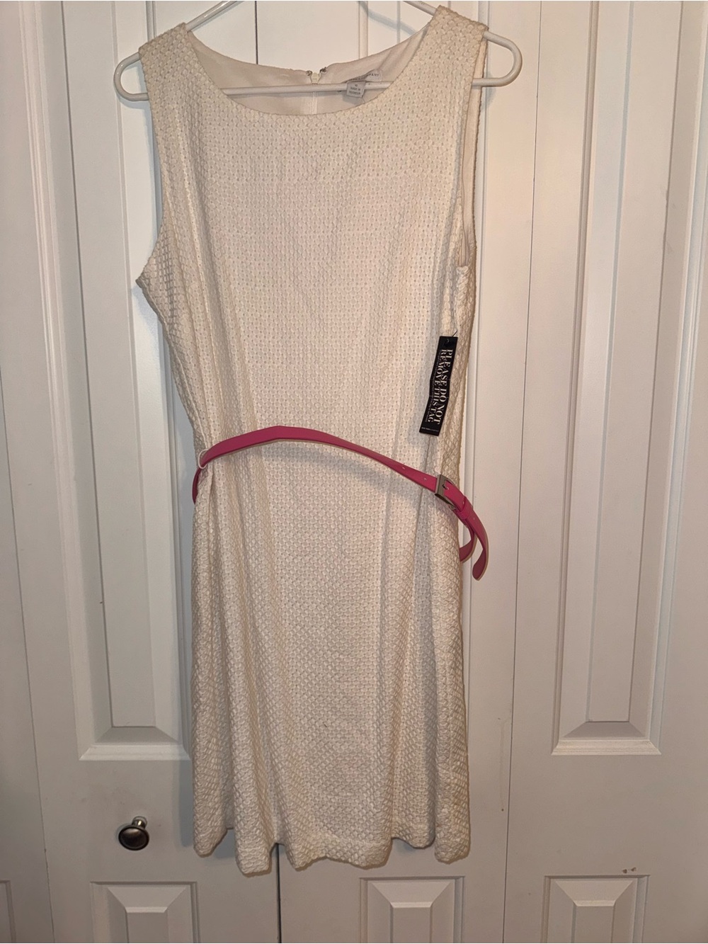White Textured Sleeveless Dress with Pink Belt